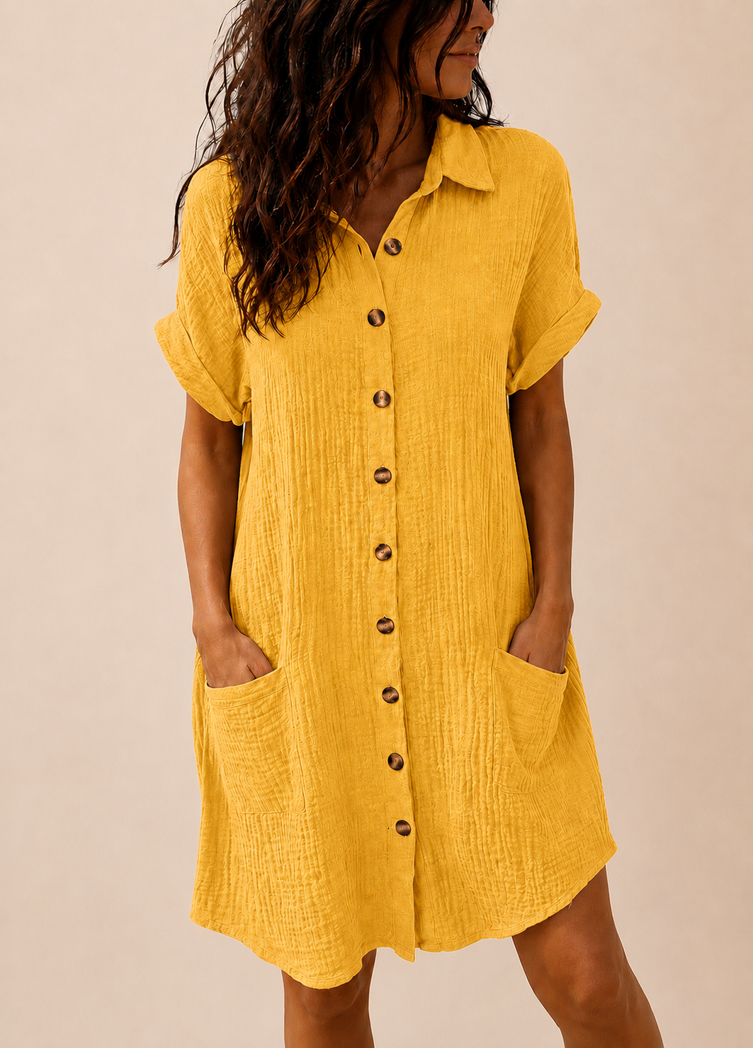 Vestido Camisero Botones Mostaza
